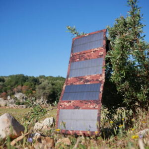 Solar panel on a tree bush in the field.