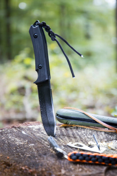 Several survival and bushcraft tools on a tree stump